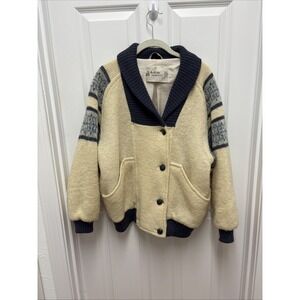 Vintage Alafoss Icewool Womens Button Beige Blue 100% Wool Jacket Sweater